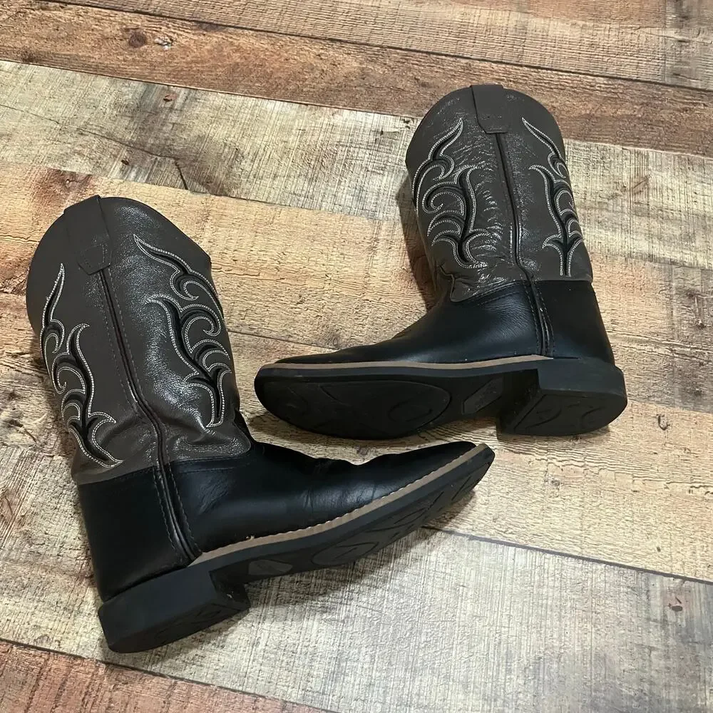 Old West Kids Brown Black Leather Go Round Square Toe Cowboy Boots Sz 5.5D